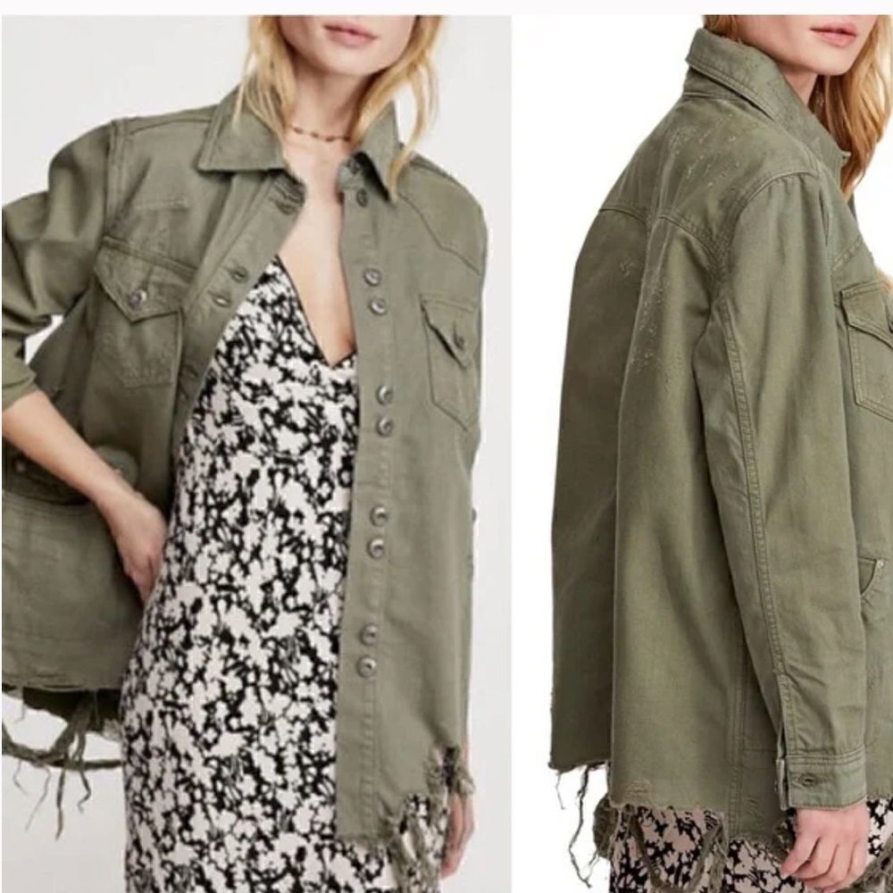 Free People Moonchild Distressed Olive Jacket M